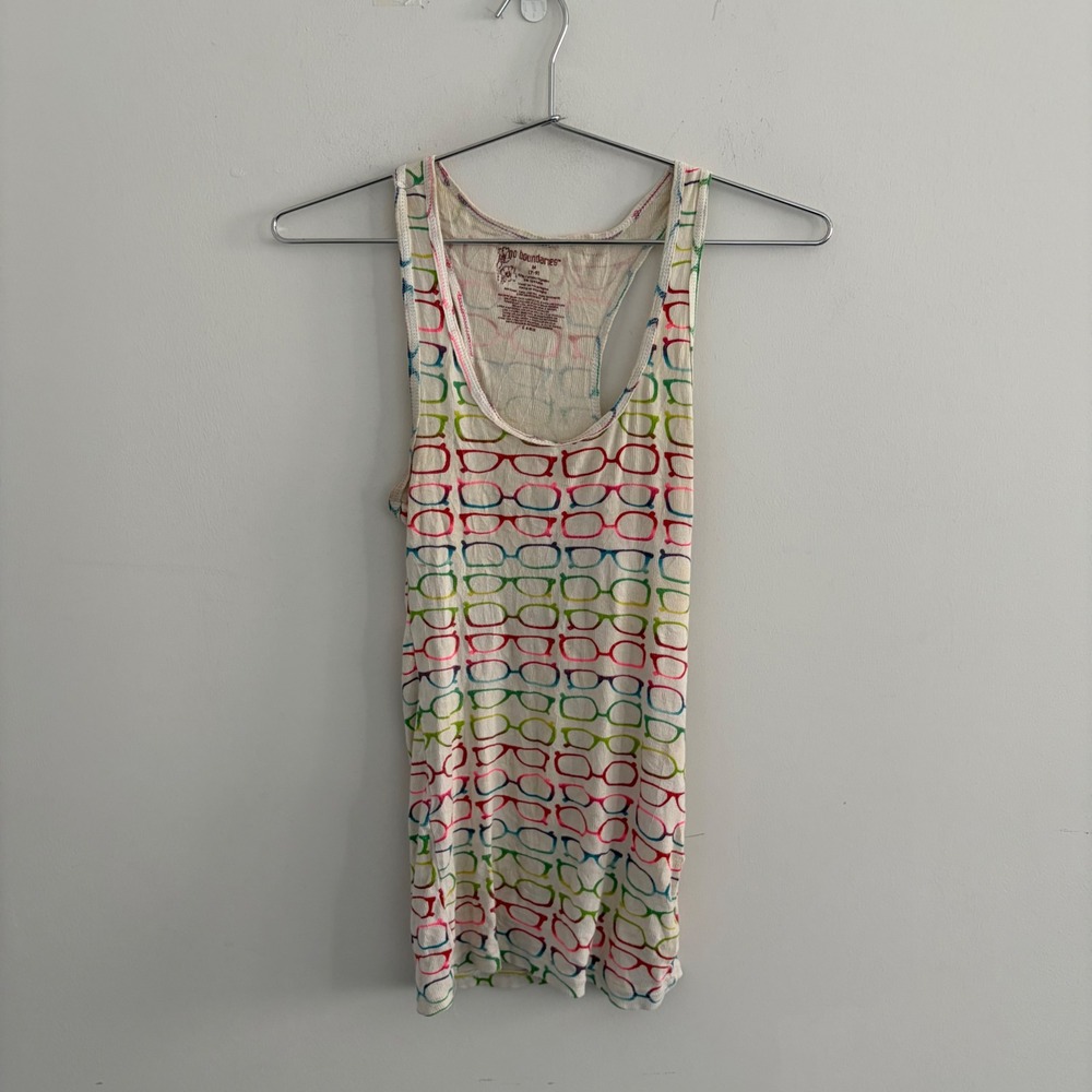 No Boundaries Rainbow Glasses Print Racerback Tank Top Medium Ribbed White